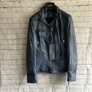CURGÈ Womans Blue Leather Zip Up Jacket Made‎ in Italy size  LG or EU 46 NWT W7